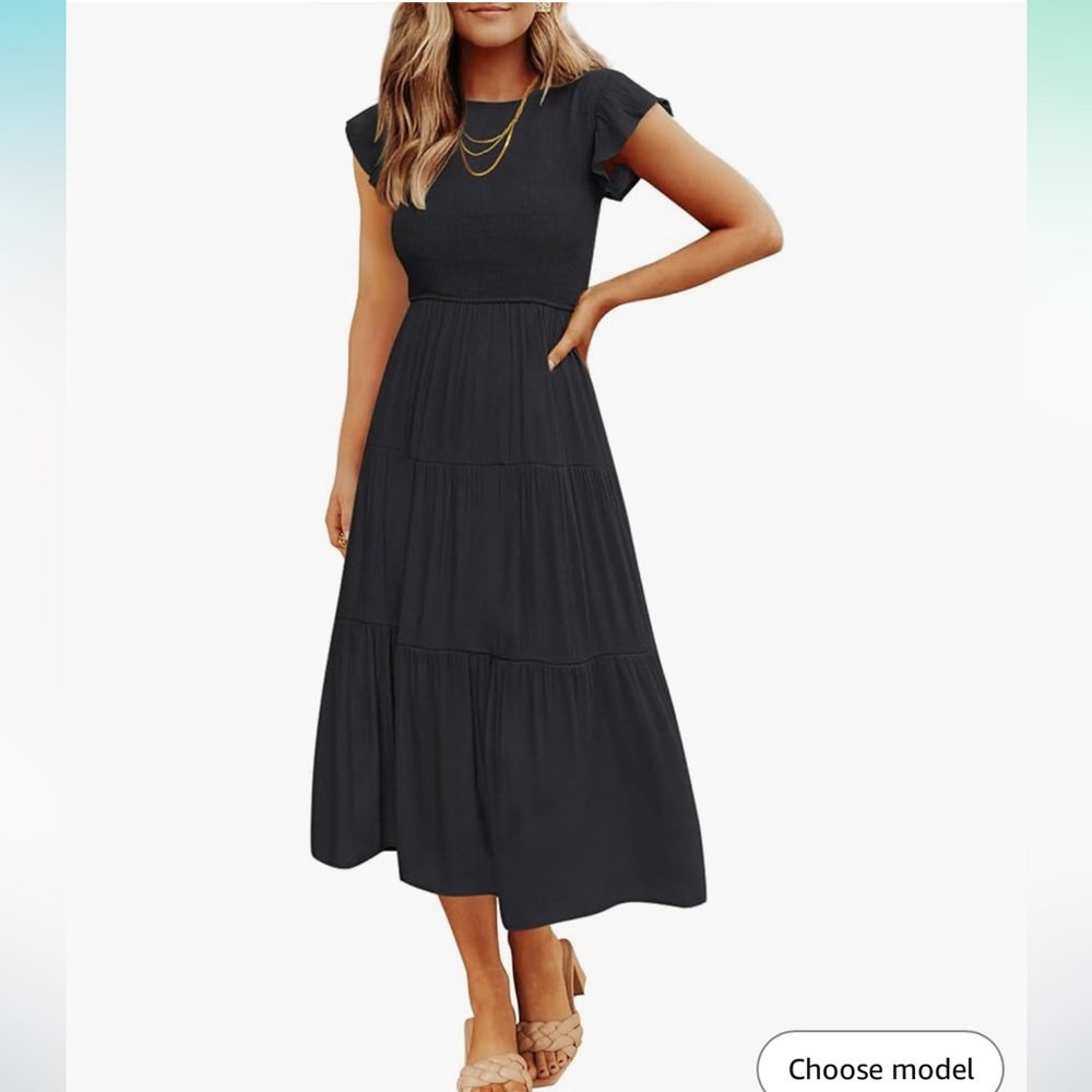 Zesica casual flutter short sleeve crew neck smocked elastic midi dress black S